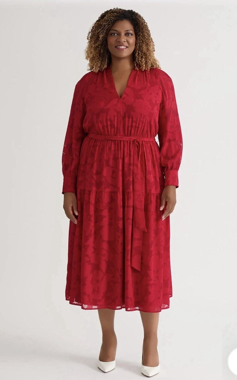 Kasper Plus Tiered Burnout Maxi Dress In Crimson Size 1X - NWT